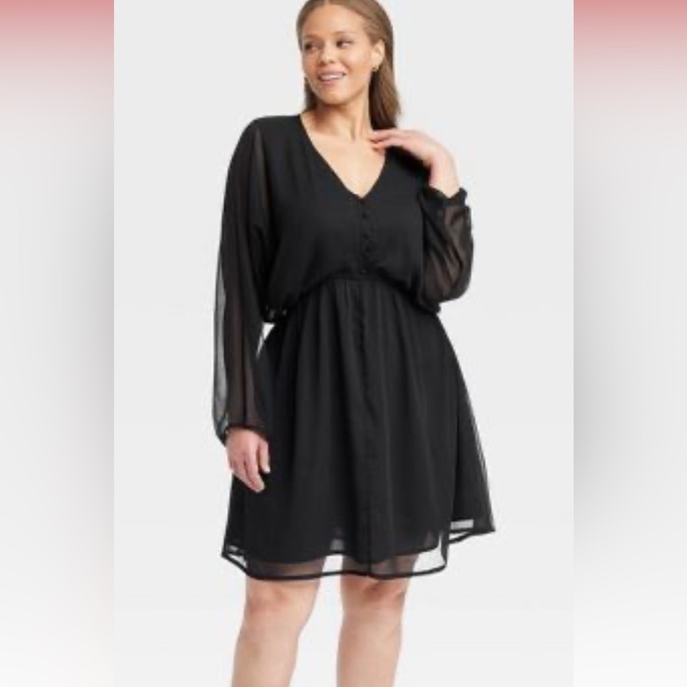 NWT a new day balloon long sleeve sheer black V-neck ,above knee dress ,size XL